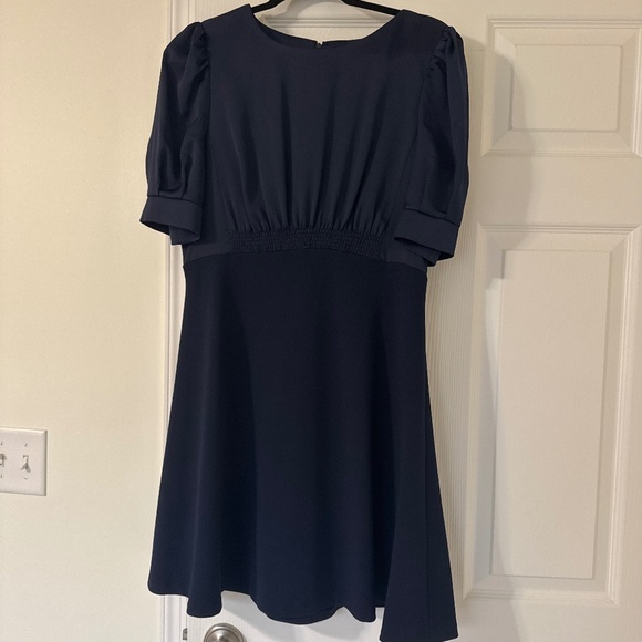 Classic Navy Midi Dress with Smocked Waist and Structured Sleeves - Picture 1 of 1